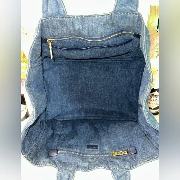 PRADA CANAPA LARGE DENIM TOTE AVIO BLUE LOGO BAG ITALY AUTHENTIC DUST BAG/CARD - Picture 13 of 16